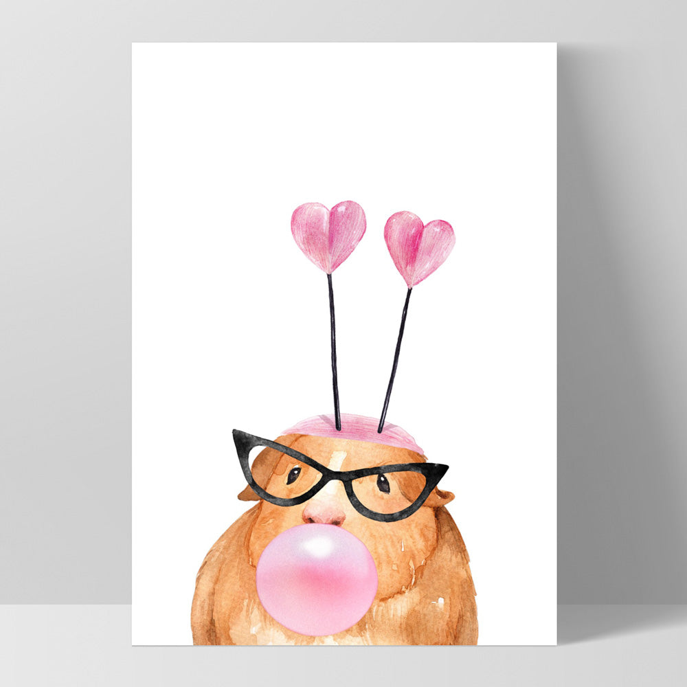 Bubblegum Guinea Pig Retro Sunnies | Pink Bubble - Art Print, Poster, Stretched Canvas, or Framed Wall Art Print, shown as a stretched canvas or poster without a frame