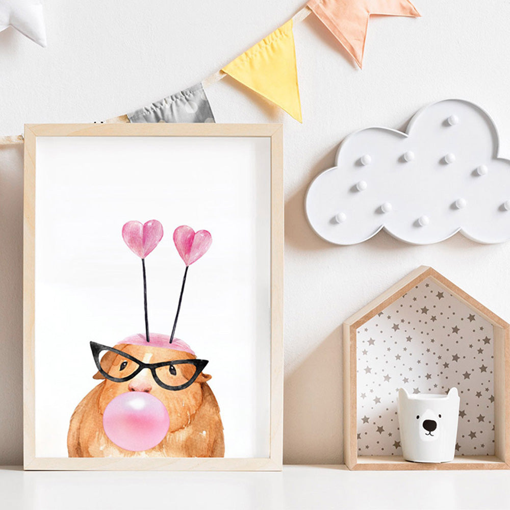 Bubblegum Guinea Pig Retro Sunnies | Pink Bubble - Art Print, Poster, Stretched Canvas or Framed Wall Art Prints, shown framed in a room