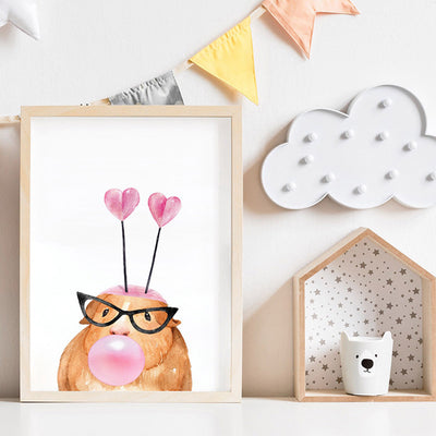 Bubblegum Guinea Pig Retro Sunnies | Pink Bubble - Art Print, Poster, Stretched Canvas or Framed Wall Art Prints, shown framed in a room