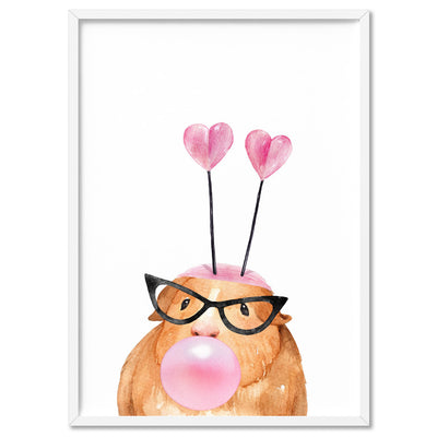 Bubblegum Guinea Pig Retro Sunnies | Pink Bubble - Art Print, Poster, Stretched Canvas, or Framed Wall Art Print, shown in a white frame