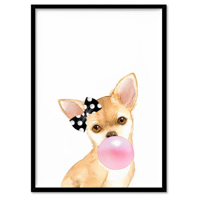 Bubblegum Chihuahua Spotty Bow | Pink Bubble - Art Print, Poster, Stretched Canvas, or Framed Wall Art Print, shown in a black frame