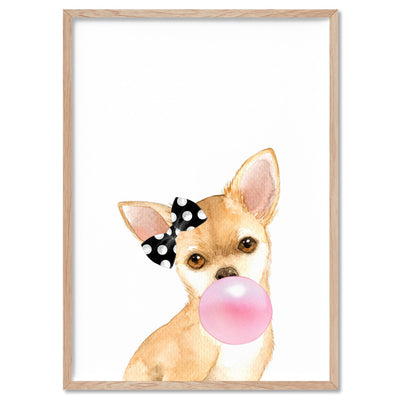 Bubblegum Chihuahua Spotty Bow | Pink Bubble - Art Print, Poster, Stretched Canvas, or Framed Wall Art Print, shown in a natural timber frame