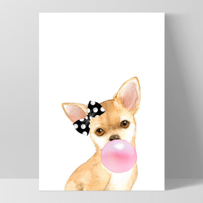 Bubblegum Chihuahua Spotty Bow | Pink Bubble - Art Print, Poster, Stretched Canvas, or Framed Wall Art Print, shown as a stretched canvas or poster without a frame