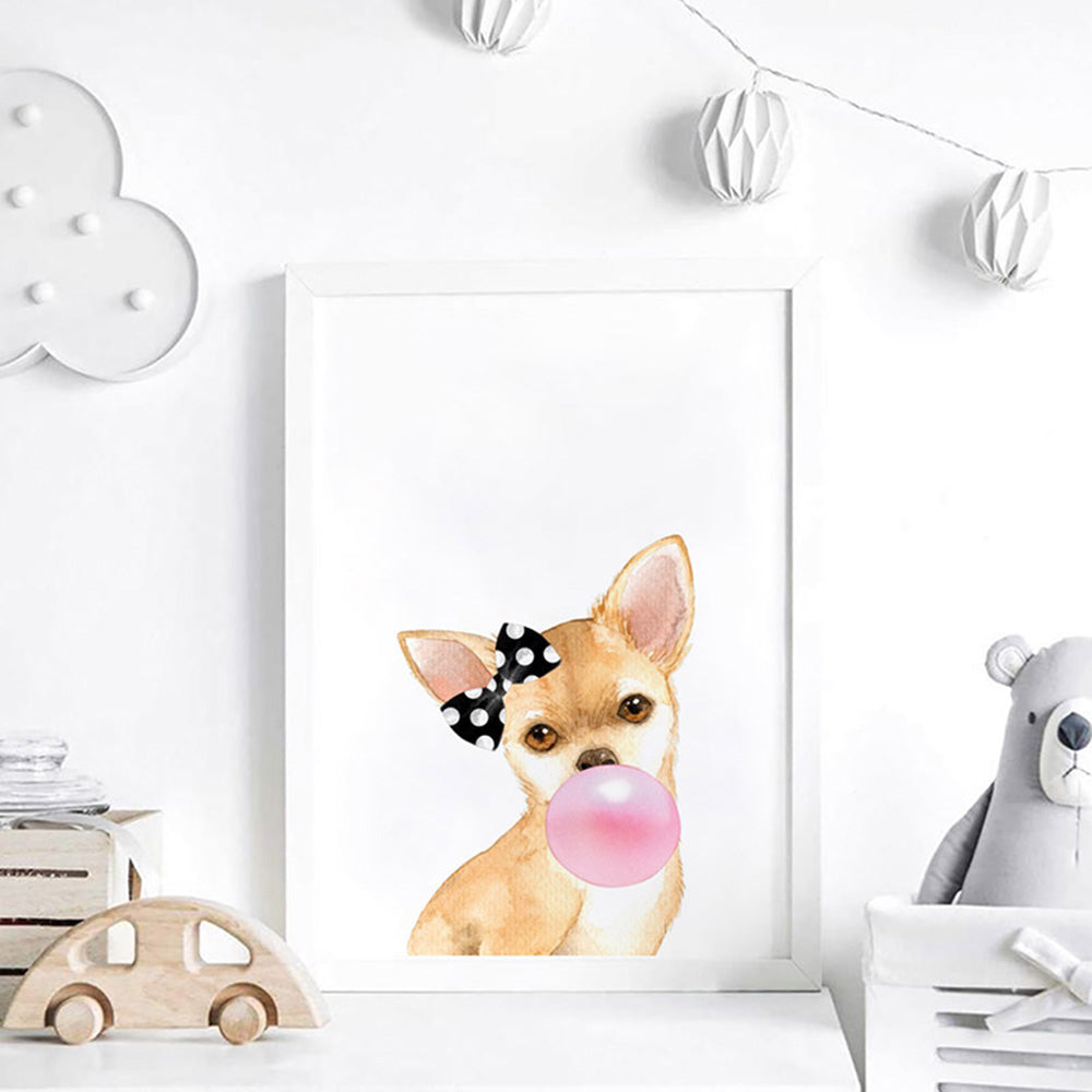 Bubblegum Chihuahua Spotty Bow | Pink Bubble - Art Print, Poster, Stretched Canvas or Framed Wall Art Prints, shown framed in a room