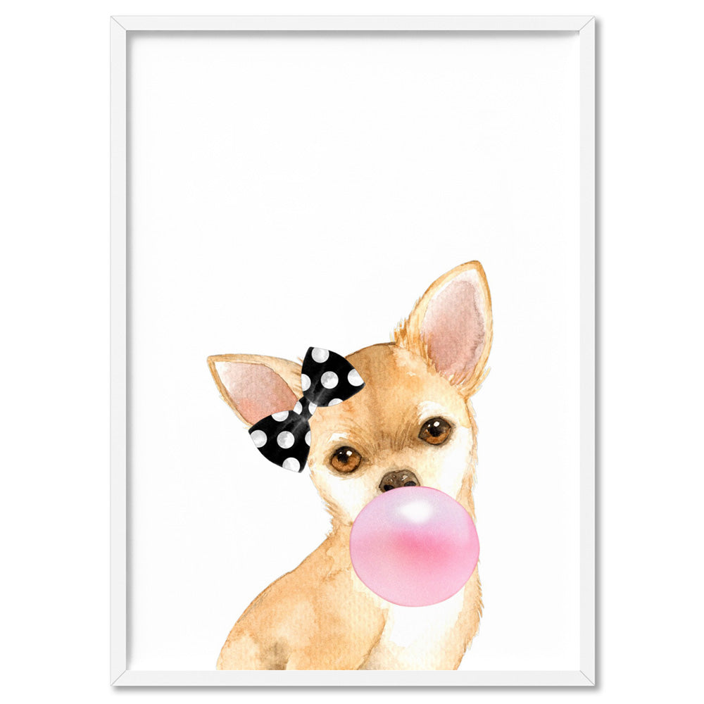 Bubblegum Chihuahua Spotty Bow | Pink Bubble - Art Print, Poster, Stretched Canvas, or Framed Wall Art Print, shown in a white frame