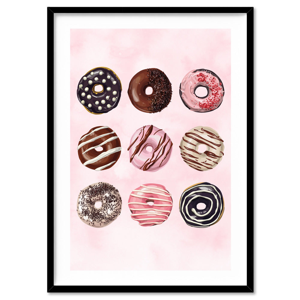 Yum Yum Donuts - Art Print, Poster, Stretched Canvas, or Framed Wall Art Print, shown in a black frame