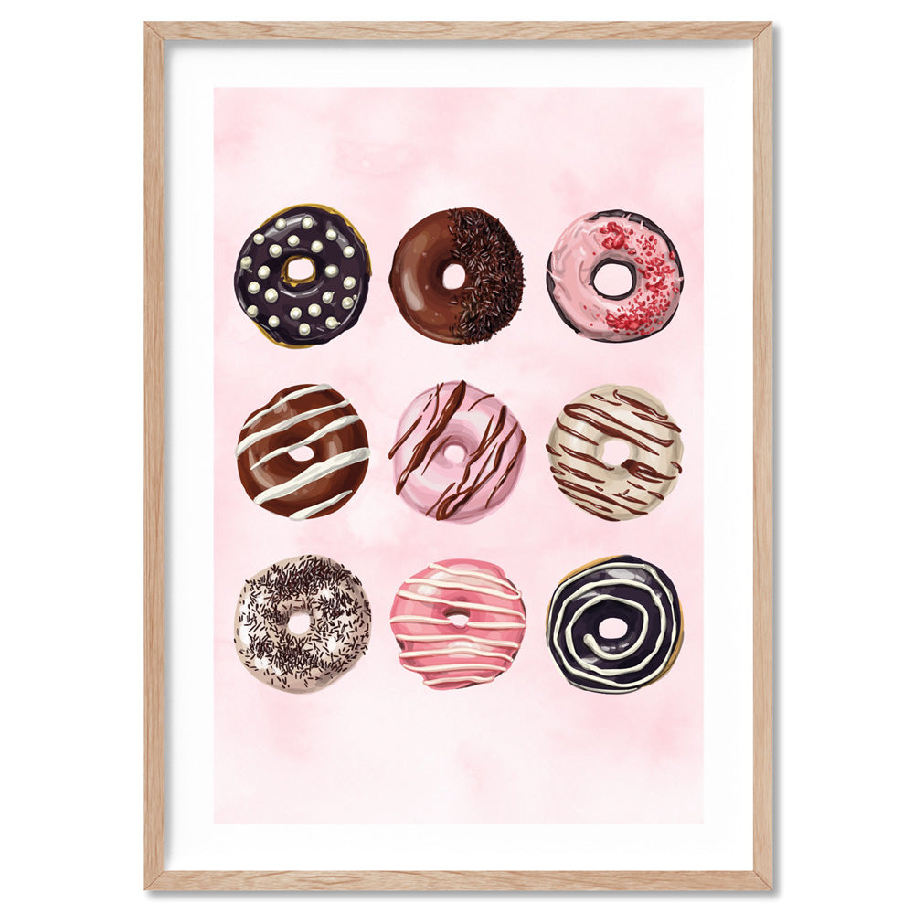 Yum Yum Donuts - Art Print, Poster, Stretched Canvas, or Framed Wall Art Print, shown in a natural timber frame