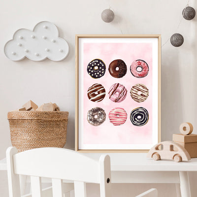 Yum Yum Donuts - Art Print, Poster, Stretched Canvas or Framed Wall Art Prints, shown framed in a room