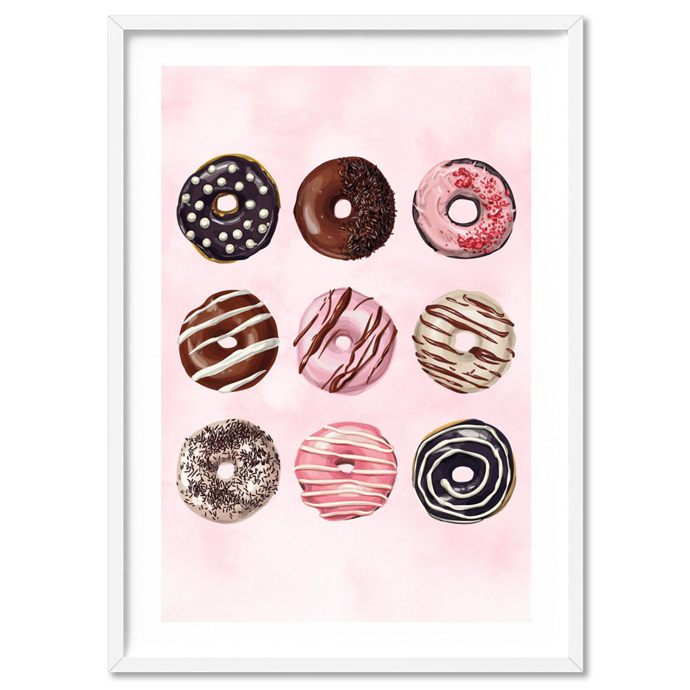 Yum Yum Donuts - Art Print, Poster, Stretched Canvas, or Framed Wall Art Print, shown in a white frame