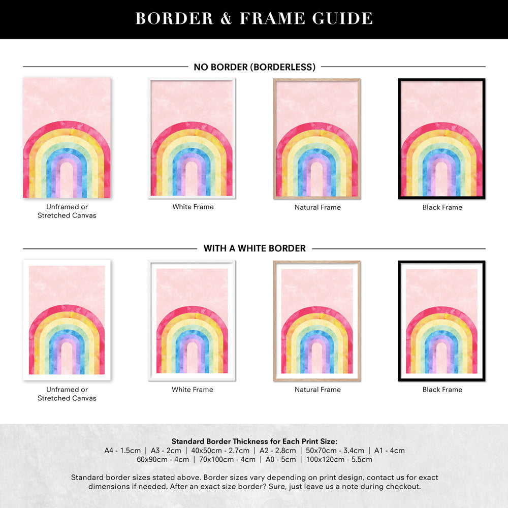 Watercolour Rainbow Blush - Art Print, Poster, Stretched Canvas or Framed Wall Art, Showing White , Black, Natural Frame Colours, No Frame (Unframed) or Stretched Canvas, and With or Without White Borders