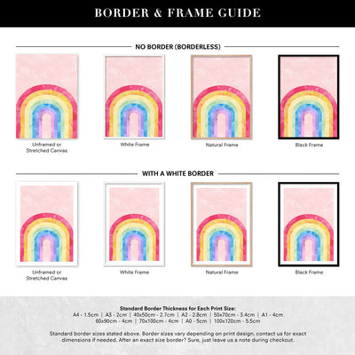 Watercolour Rainbow Blush - Art Print, Poster, Stretched Canvas or Framed Wall Art, Showing White , Black, Natural Frame Colours, No Frame (Unframed) or Stretched Canvas, and With or Without White Borders