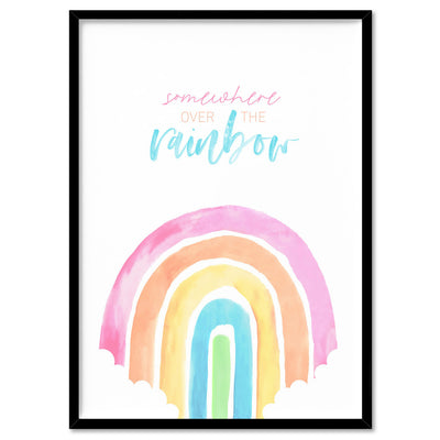 Pastel Rainbow Quote | Somewhere Over the Rainbow - Art Print, Poster, Stretched Canvas, or Framed Wall Art Print, shown in a black frame