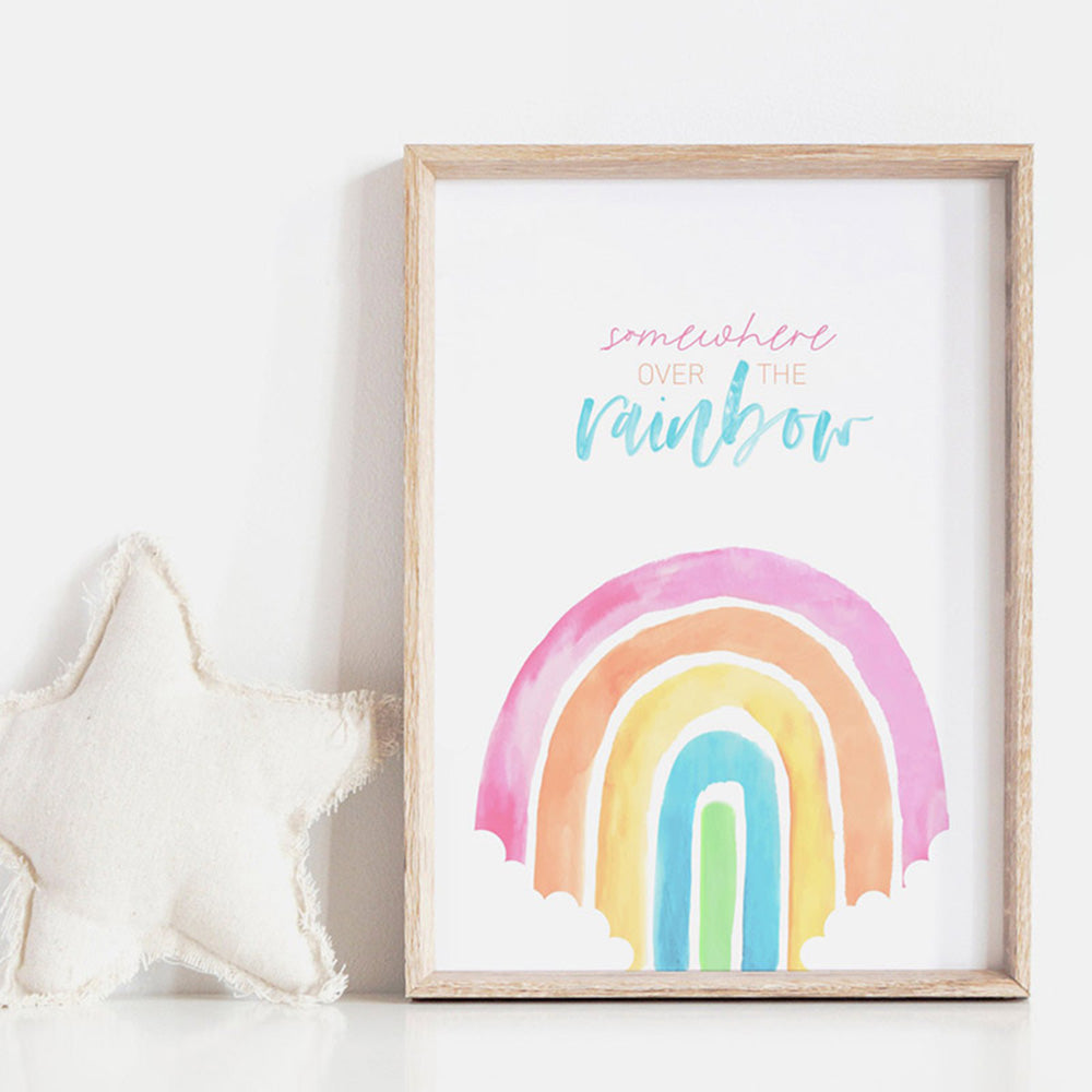 Pastel Rainbow Quote | Somewhere Over the Rainbow - Art Print, Poster, Stretched Canvas or Framed Wall Art Prints, shown framed in a room