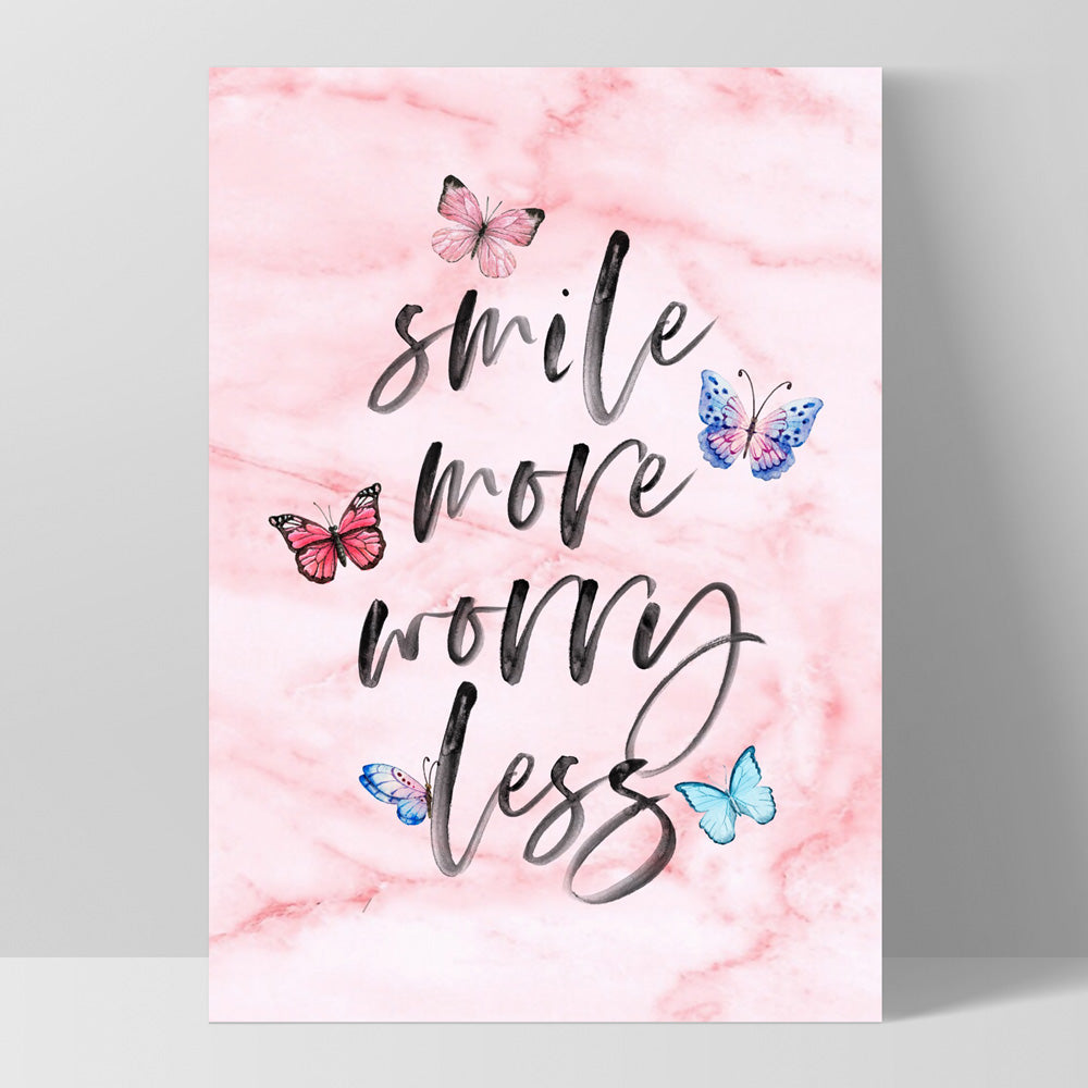 Smile More, Worry Less | Butterflies & Pink Marble - Art Print, Poster, Stretched Canvas, or Framed Wall Art Print, shown as a stretched canvas or poster without a frame