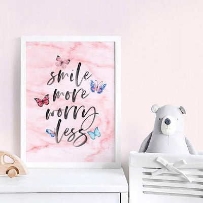 Smile More, Worry Less | Butterflies & Pink Marble - Art Print, Poster, Stretched Canvas or Framed Wall Art Prints, shown framed in a room