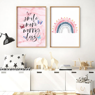 Smile More, Worry Less | Butterflies & Pink Marble - Art Print, Poster, Stretched Canvas or Framed Wall Art, shown framed in a home interior space
