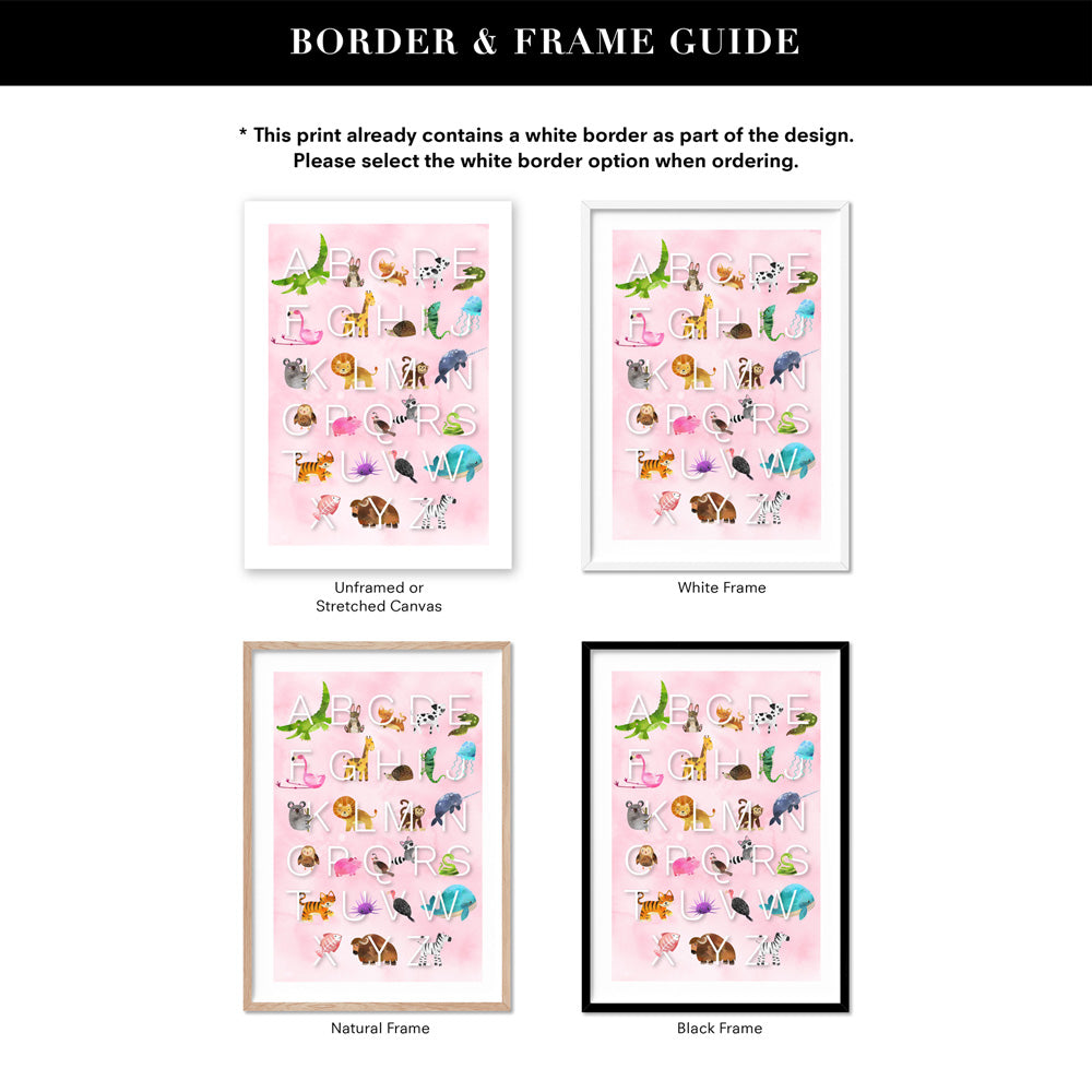 Animal Alphabet in Watercolours | Pink - Art Print, Poster, Stretched Canvas or Framed Wall Art, Showing White , Black, Natural Frame Colours, No Frame (Unframed) or Stretched Canvas, and With or Without White Borders