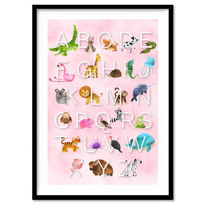 Animal Alphabet in Watercolours | Pink - Art Print, Poster, Stretched Canvas, or Framed Wall Art Print, shown in a black frame