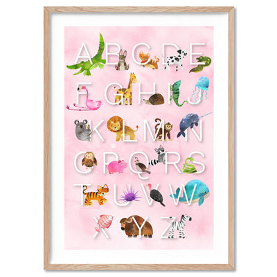 Animal Alphabet in Watercolours | Pink - Art Print, Poster, Stretched Canvas, or Framed Wall Art Print, shown in a natural timber frame