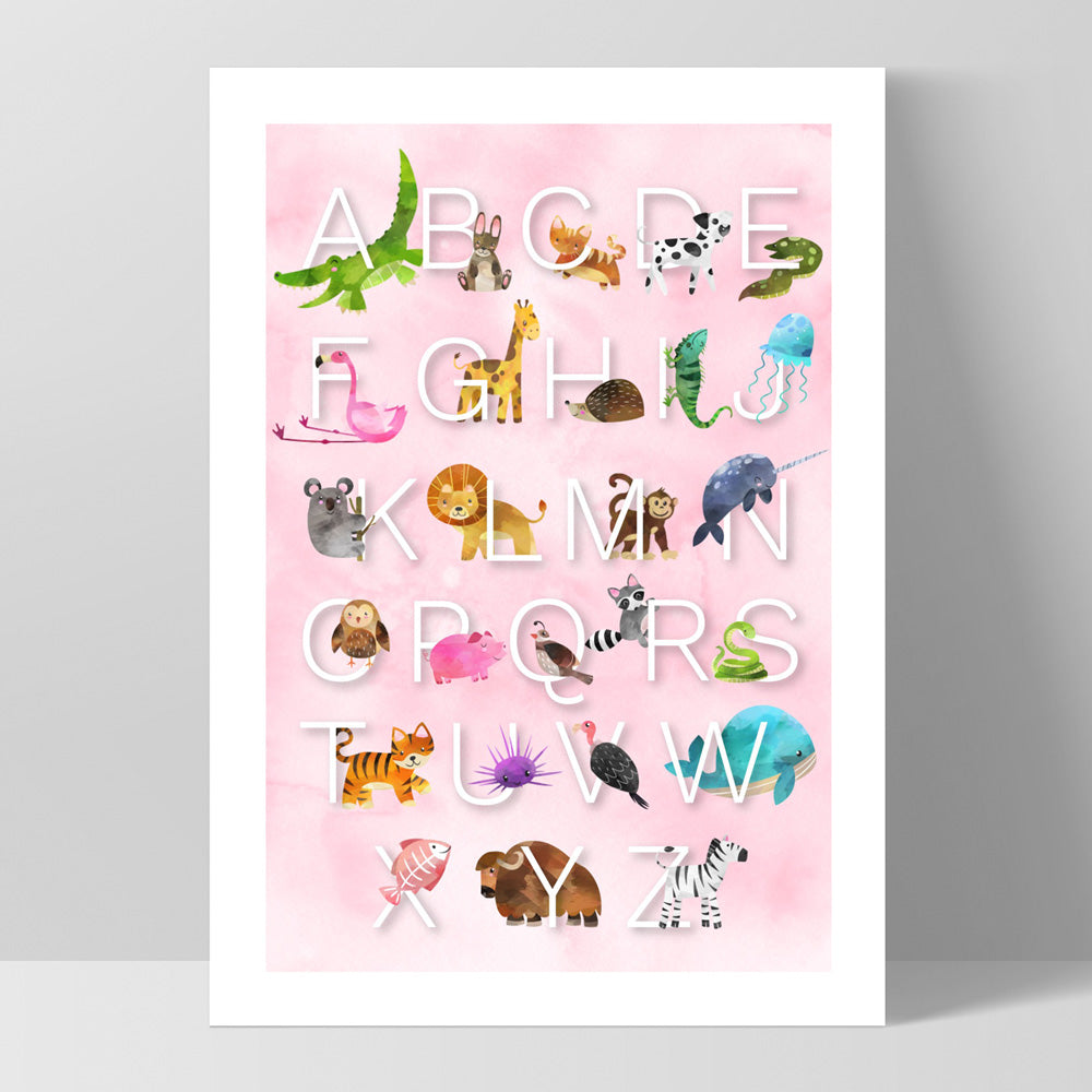 Animal Alphabet in Watercolours | Pink - Art Print, Poster, Stretched Canvas, or Framed Wall Art Print, shown as a stretched canvas or poster without a frame