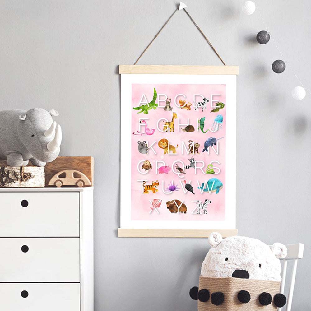 Animal Alphabet in Watercolours | Pink - Art Print, Poster, Stretched Canvas or Framed Wall Art Prints, shown framed in a room