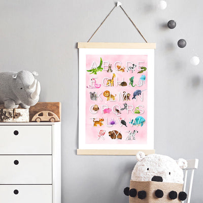 Animal Alphabet in Watercolours | Pink - Art Print, Poster, Stretched Canvas or Framed Wall Art Prints, shown framed in a room