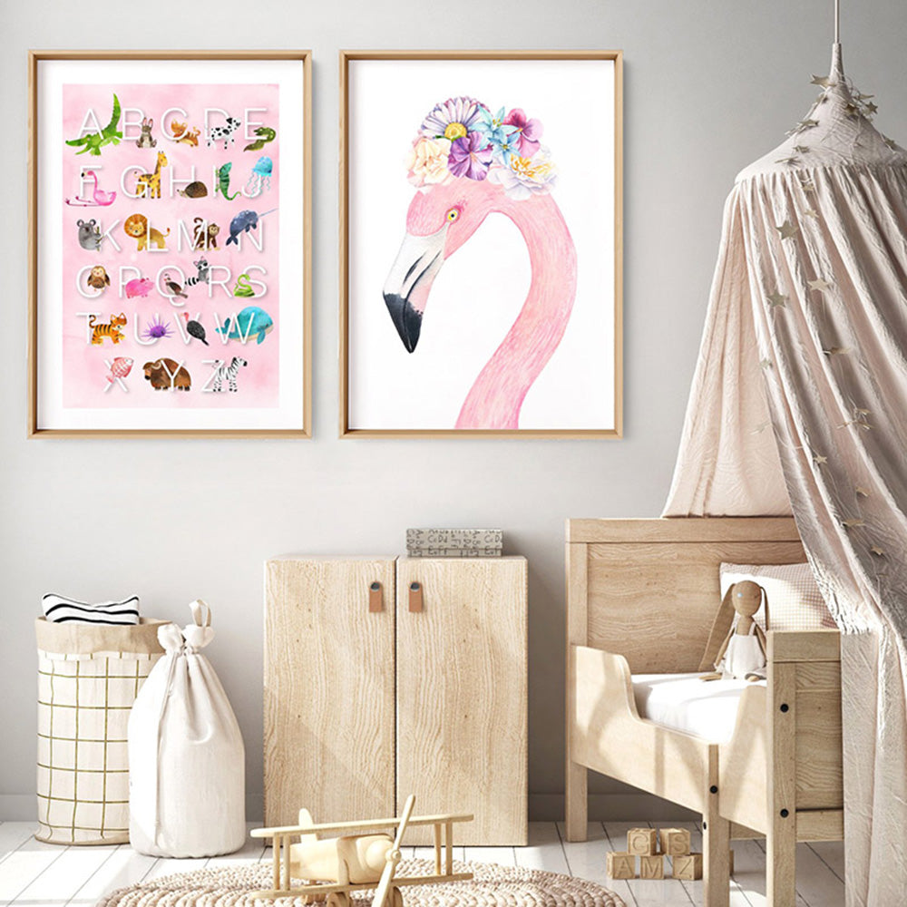 Animal Alphabet in Watercolours | Pink - Art Print, Poster, Stretched Canvas or Framed Wall Art, shown framed in a home interior space