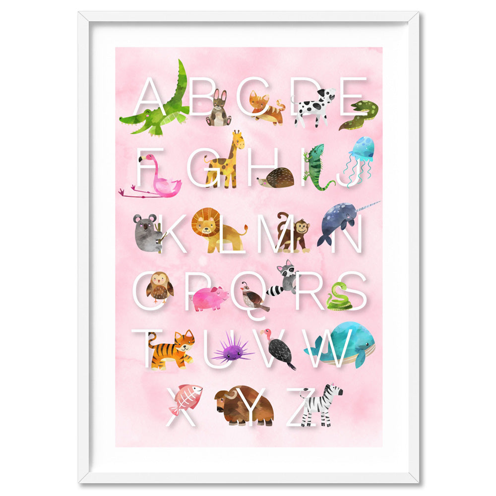 Animal Alphabet in Watercolours | Pink - Art Print, Poster, Stretched Canvas, or Framed Wall Art Print, shown in a white frame