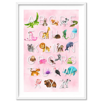 Animal Alphabet in Watercolours | Pink - Art Print, Poster, Stretched Canvas, or Framed Wall Art Print, shown in a white frame