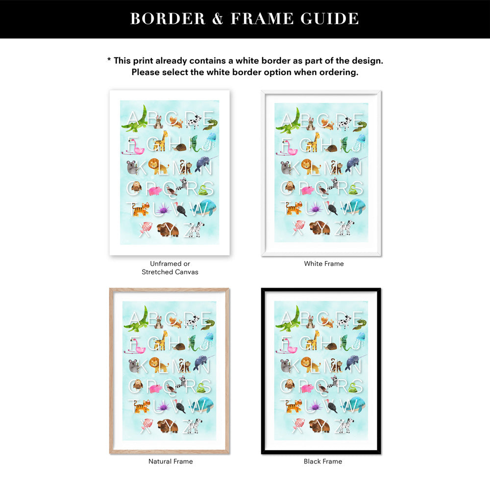 Animal Alphabet in Watercolours | Teal - Art Print, Poster, Stretched Canvas or Framed Wall Art, Showing White , Black, Natural Frame Colours, No Frame (Unframed) or Stretched Canvas, and With or Without White Borders