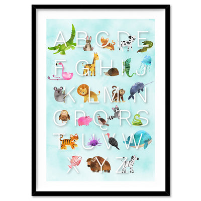 Animal Alphabet in Watercolours | Teal - Art Print, Poster, Stretched Canvas, or Framed Wall Art Print, shown in a black frame