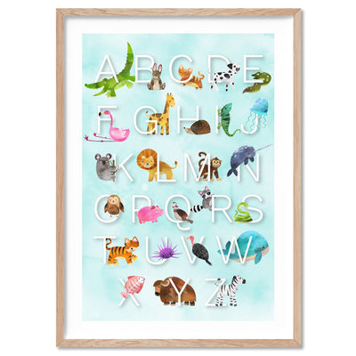 Animal Alphabet in Watercolours | Teal - Art Print, Poster, Stretched Canvas, or Framed Wall Art Print, shown in a natural timber frame