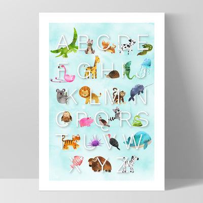 Animal Alphabet in Watercolours | Teal - Art Print, Poster, Stretched Canvas, or Framed Wall Art Print, shown as a stretched canvas or poster without a frame