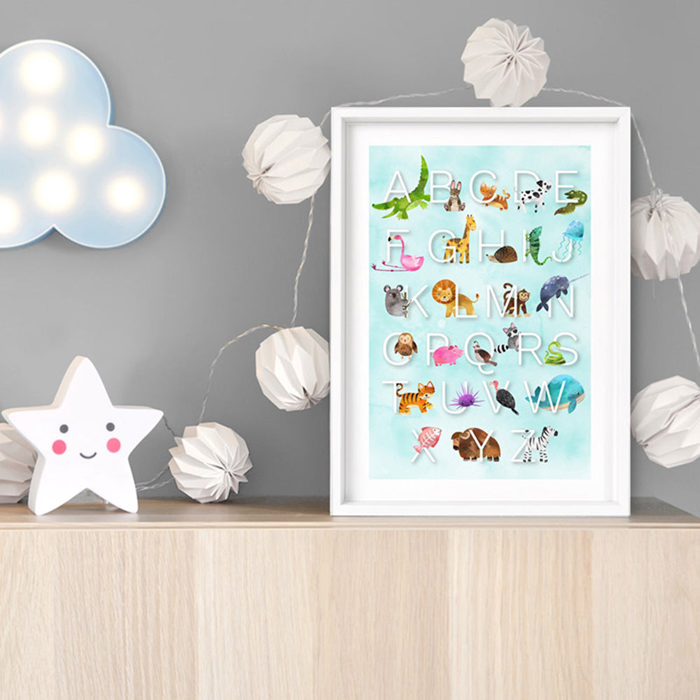 Animal Alphabet in Watercolours | Teal - Art Print, Poster, Stretched Canvas or Framed Wall Art Prints, shown framed in a room