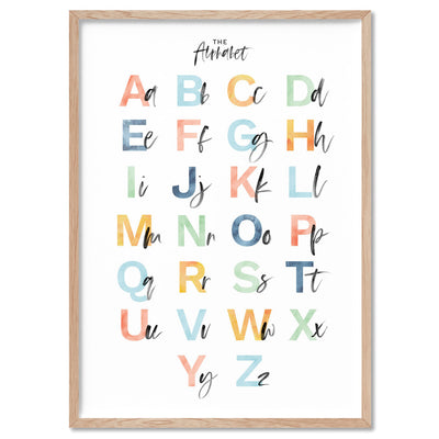The Alphabet | Kids Upper & Lowercase Characters - Art Print, Poster, Stretched Canvas, or Framed Wall Art Print, shown in a natural timber frame