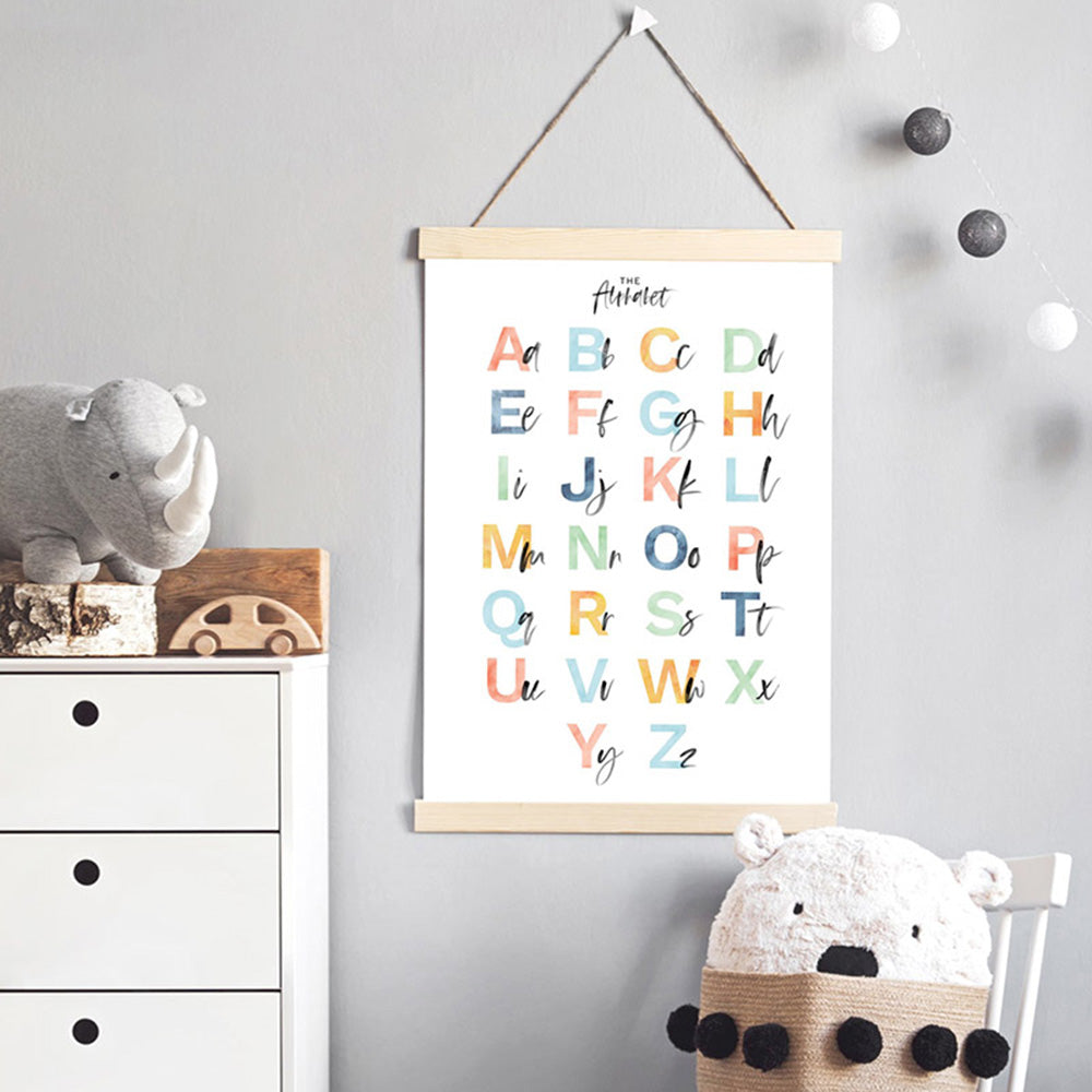 The Alphabet | Kids Upper & Lowercase Characters - Art Print, Poster, Stretched Canvas or Framed Wall Art Prints, shown framed in a room
