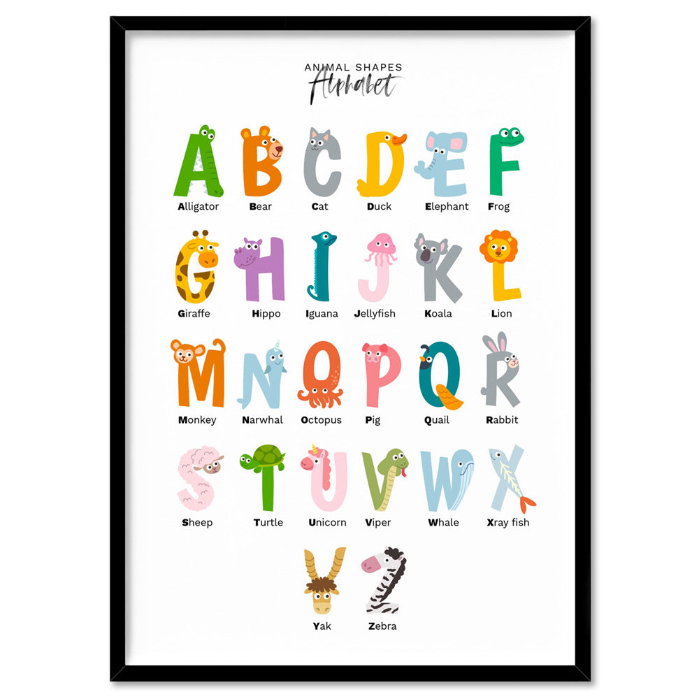 Animal Shapes Alphabet - Art Print, Poster, Stretched Canvas, or Framed Wall Art Print, shown in a black frame