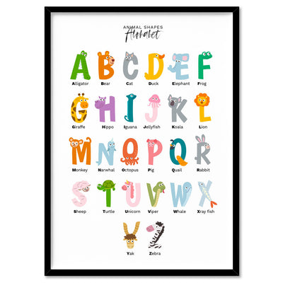 Animal Shapes Alphabet - Art Print, Poster, Stretched Canvas, or Framed Wall Art Print, shown in a black frame