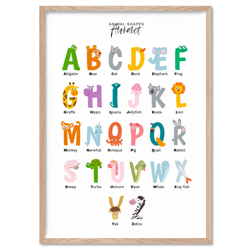 Animal Shapes Alphabet - Art Print, Poster, Stretched Canvas, or Framed Wall Art Print, shown in a natural timber frame