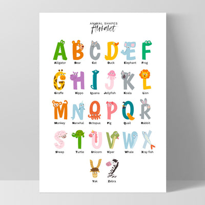 Animal Shapes Alphabet - Art Print, Poster, Stretched Canvas, or Framed Wall Art Print, shown as a stretched canvas or poster without a frame
