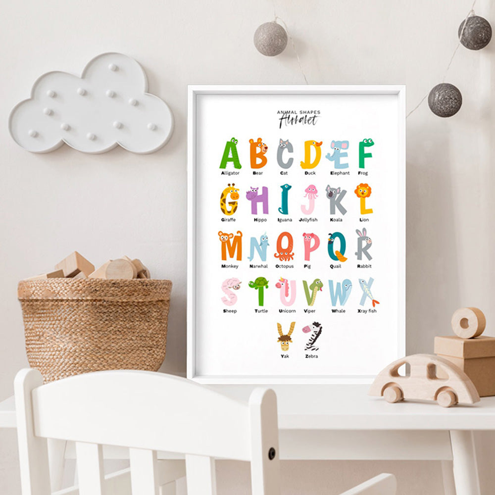 Animal Shapes Alphabet - Art Print, Poster, Stretched Canvas or Framed Wall Art Prints, shown framed in a room