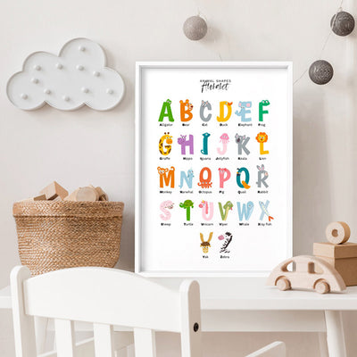 Animal Shapes Alphabet - Art Print, Poster, Stretched Canvas or Framed Wall Art Prints, shown framed in a room