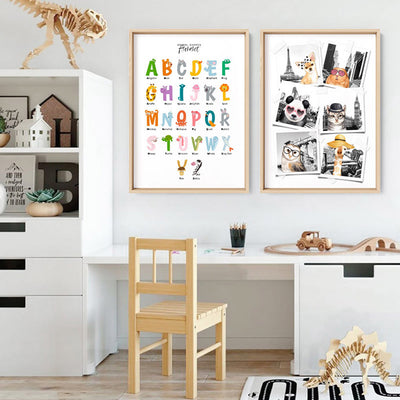 Animal Shapes Alphabet - Art Print, Poster, Stretched Canvas or Framed Wall Art, shown framed in a home interior space