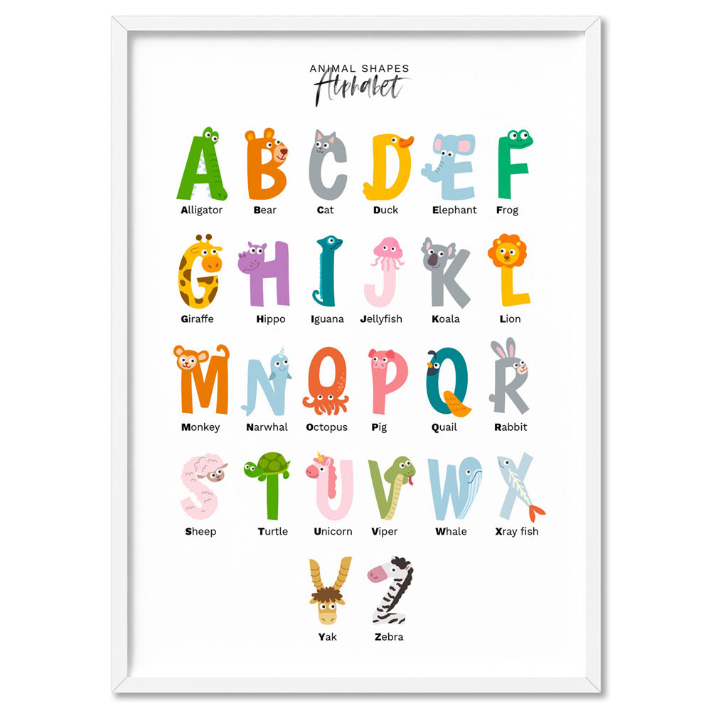 Animal Shapes Alphabet - Art Print, Poster, Stretched Canvas, or Framed Wall Art Print, shown in a white frame