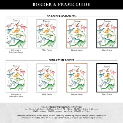 Dinosaur Chart in Watercolour - Art Print, Poster, Stretched Canvas or Framed Wall Art, Showing White , Black, Natural Frame Colours, No Frame (Unframed) or Stretched Canvas, and With or Without White Borders