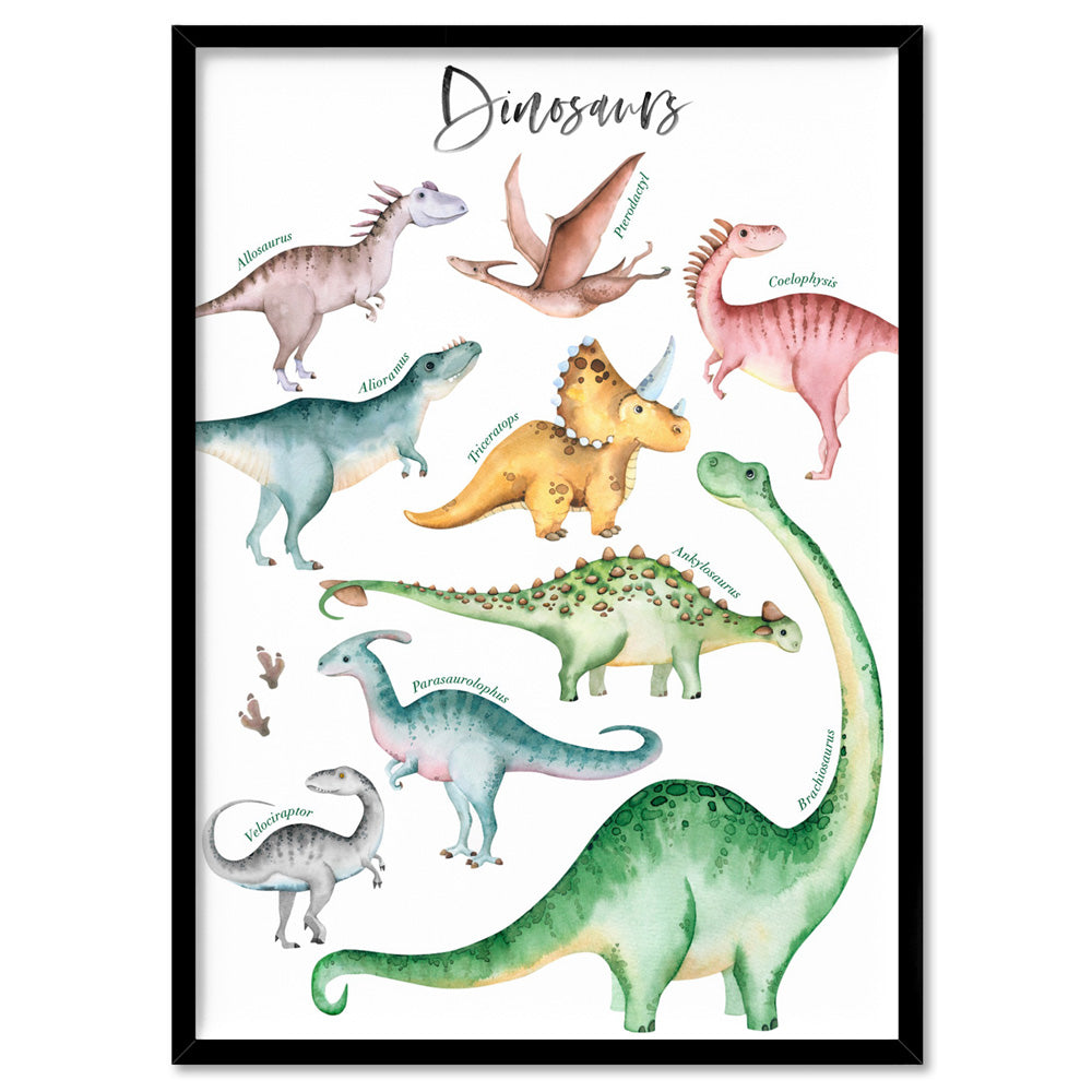 Dinosaur Chart in Watercolour - Art Print, Poster, Stretched Canvas, or Framed Wall Art Print, shown in a black frame