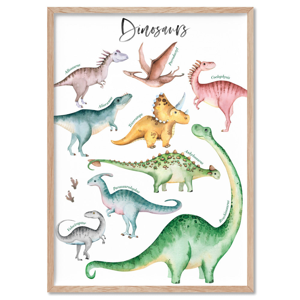 Dinosaur Chart in Watercolour - Art Print, Poster, Stretched Canvas, or Framed Wall Art Print, shown in a natural timber frame