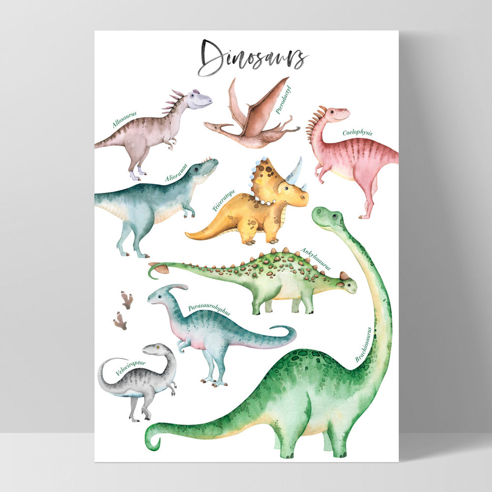 Dinosaur Chart in Watercolour - Art Print, Poster, Stretched Canvas, or Framed Wall Art Print, shown as a stretched canvas or poster without a frame