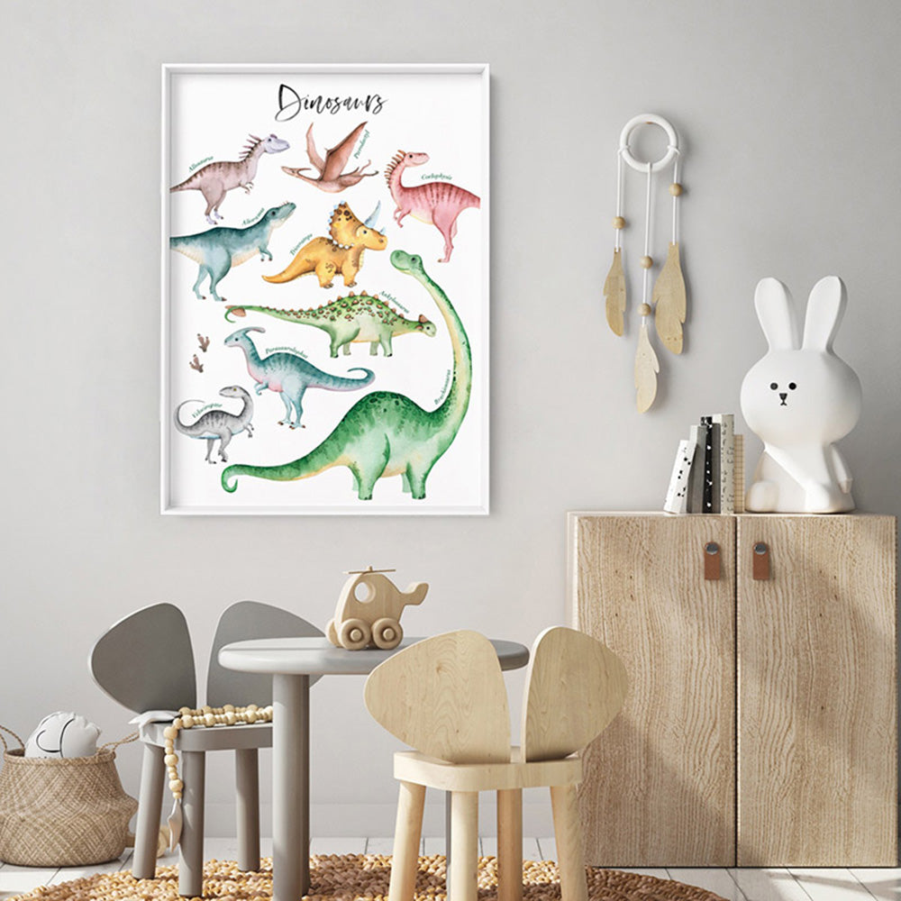 Dinosaur Chart in Watercolour - Art Print, Poster, Stretched Canvas or Framed Wall Art Prints, shown framed in a room