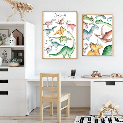 Dinosaur Chart in Watercolour - Art Print, Poster, Stretched Canvas or Framed Wall Art, shown framed in a home interior space